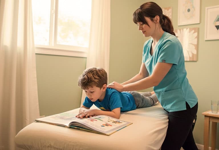 Neurotaktilná integrácia MNRI pri čítaní. Terapeutka upokojuje nervový systém chlapca s poruchami učenia (dyslexia, ADHD), čím zlepšuje sústredenie a spracovanie informácií.